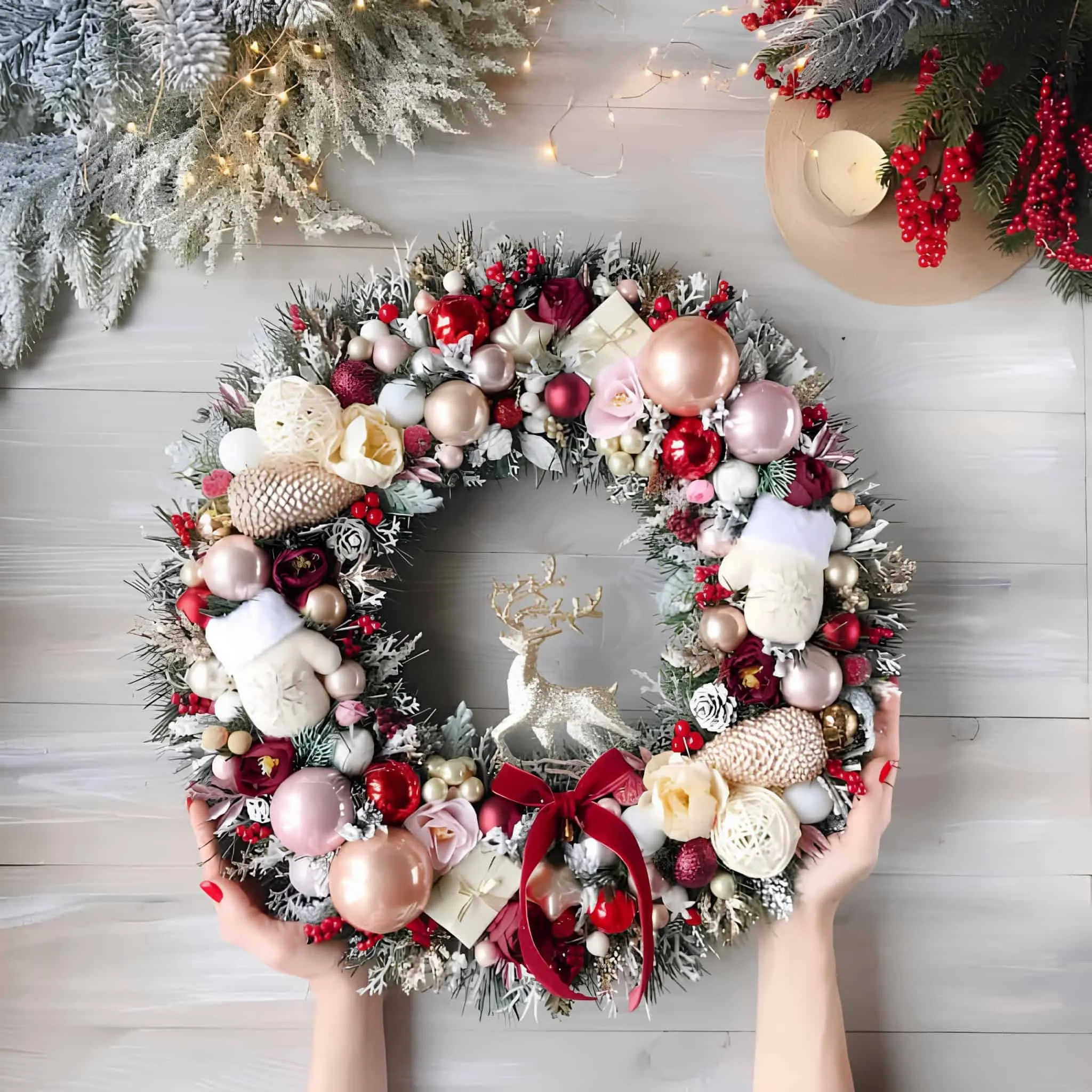 Luxuriöse Laternen-Weihnachtskrone Prächtige Laternenkrone mit rosafarbenen Verzierungen, Rosen und Rentier-Elementen