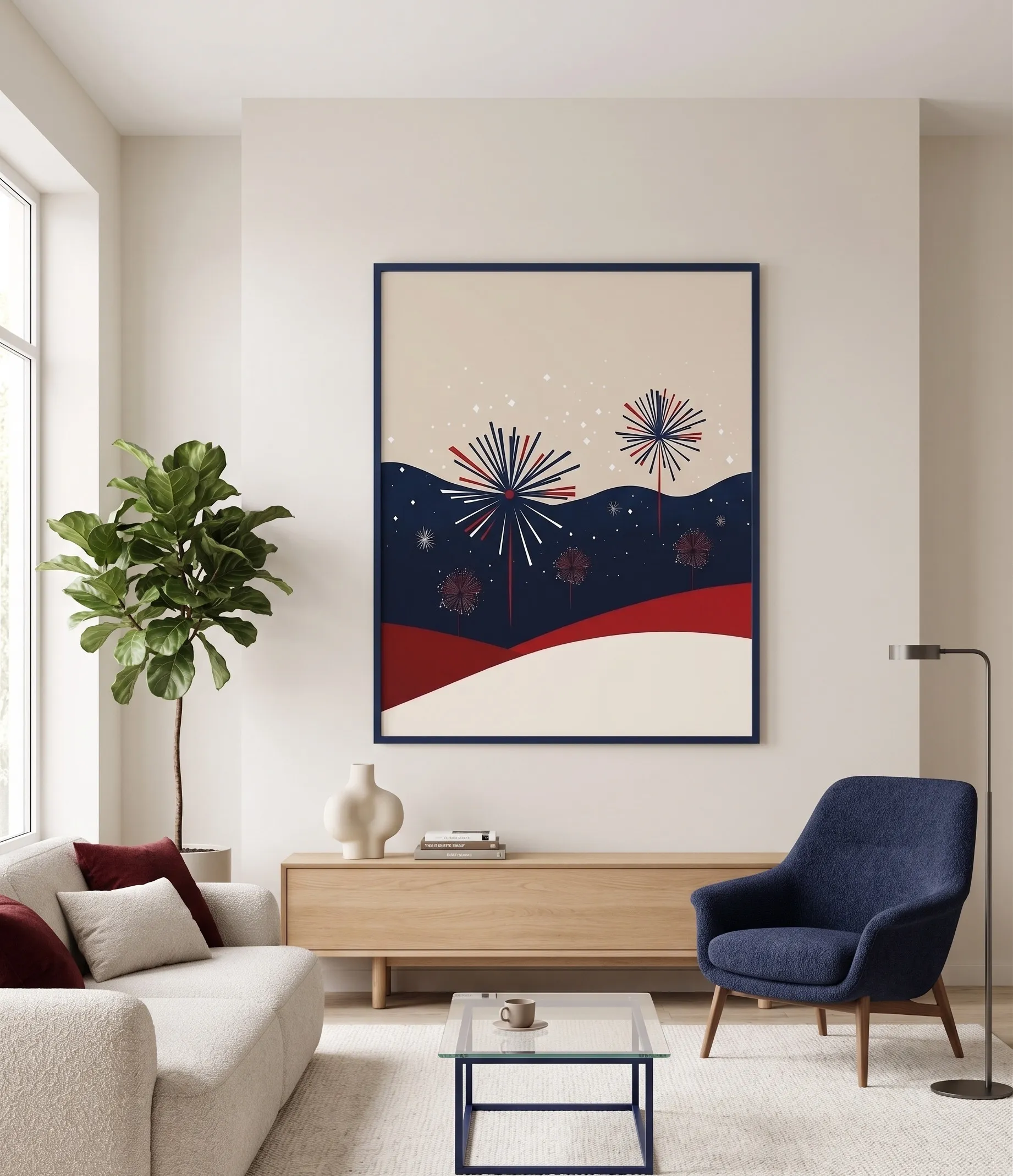 Abstrakte patriotische Feuerwerkswandkunst für Einrichtungen im Mid-Century Modern Stil Abstrakte patriotische Feuerwerkswandkunst in den Farbtönen Rot, Marineblau und Creme in einem modernen Wohnzimmer im Mid-Century Modern Stil