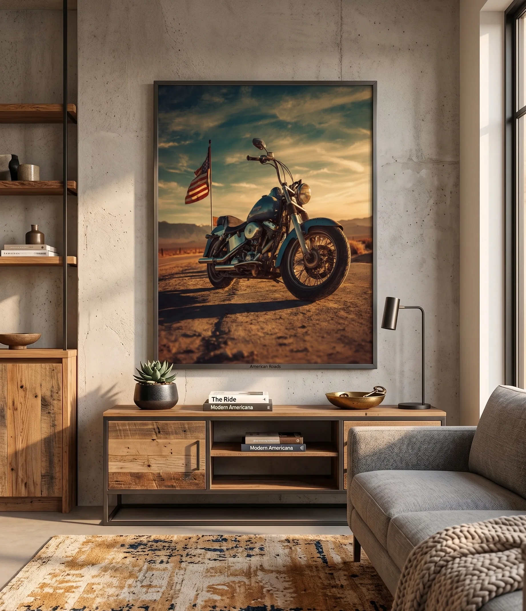 Vintage-Motorrad-Wandkunstdruck mit amerikanischer Flagge Vintage-Motorrad-Wandkunstdruck mit amerikanischer Flagge auf einer Wüstenstraße im rustikalen Americana-Stil