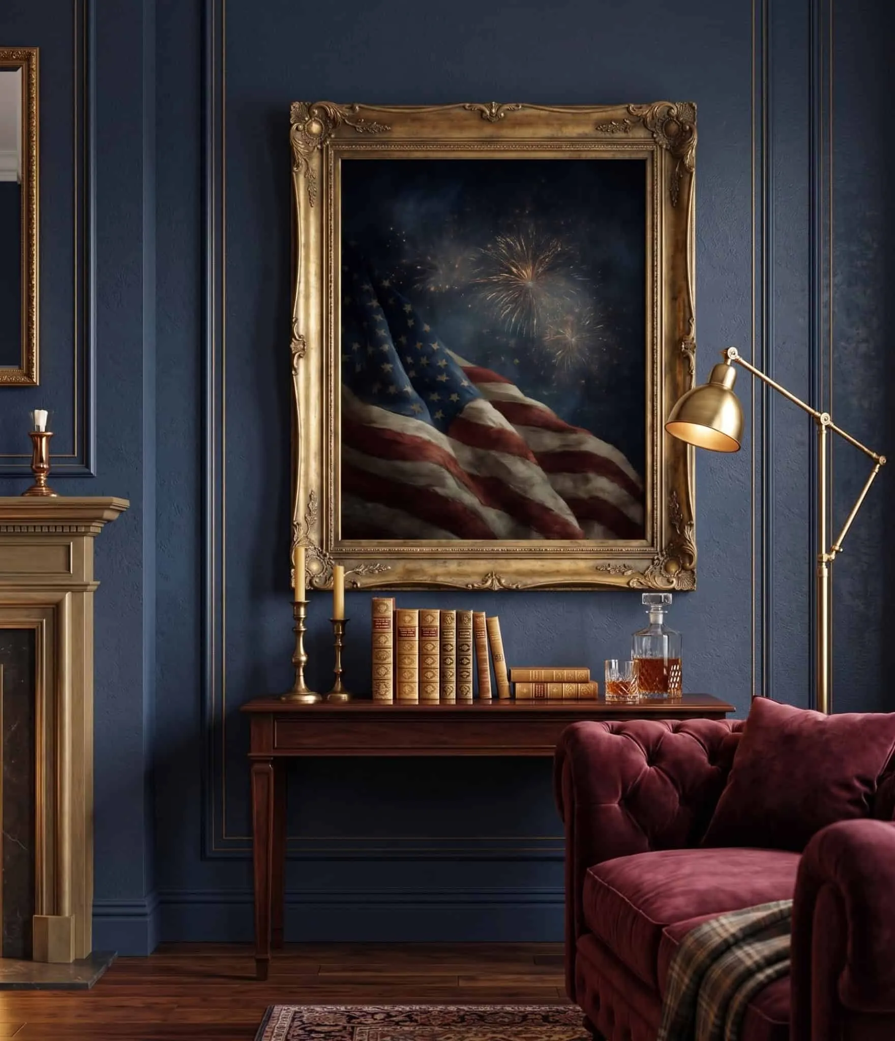 Vintage American Flag Fireworks Wall Art Vintage American Flag-Wandkunst mit Feuerwerk in einem prächtigen Goldrahmen an einer dunkelblauen Innenwand