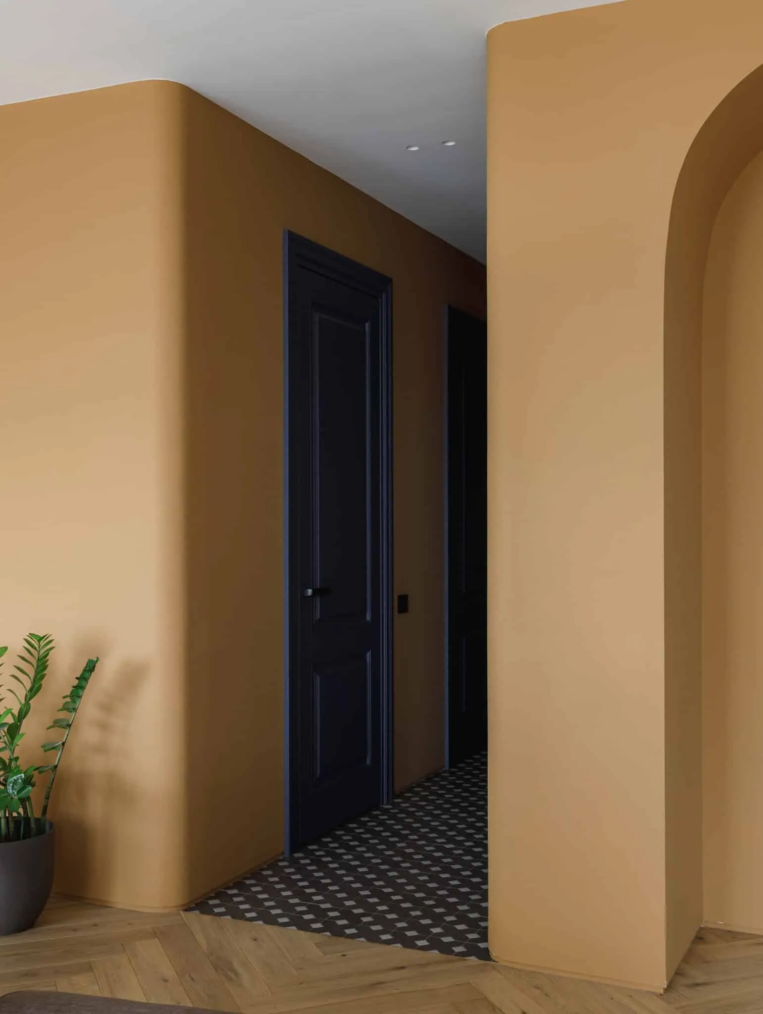 Lesoparkovy Apartment Hallway Dark Doors by STARIKOVA.ARCHITECTS Flur in der Lesoparkovy-Wohnung von STARIKOVA.ARCHITECTS mit Senffarbenen Wänden und dunklen Türen in Chelyabinsk, Russland