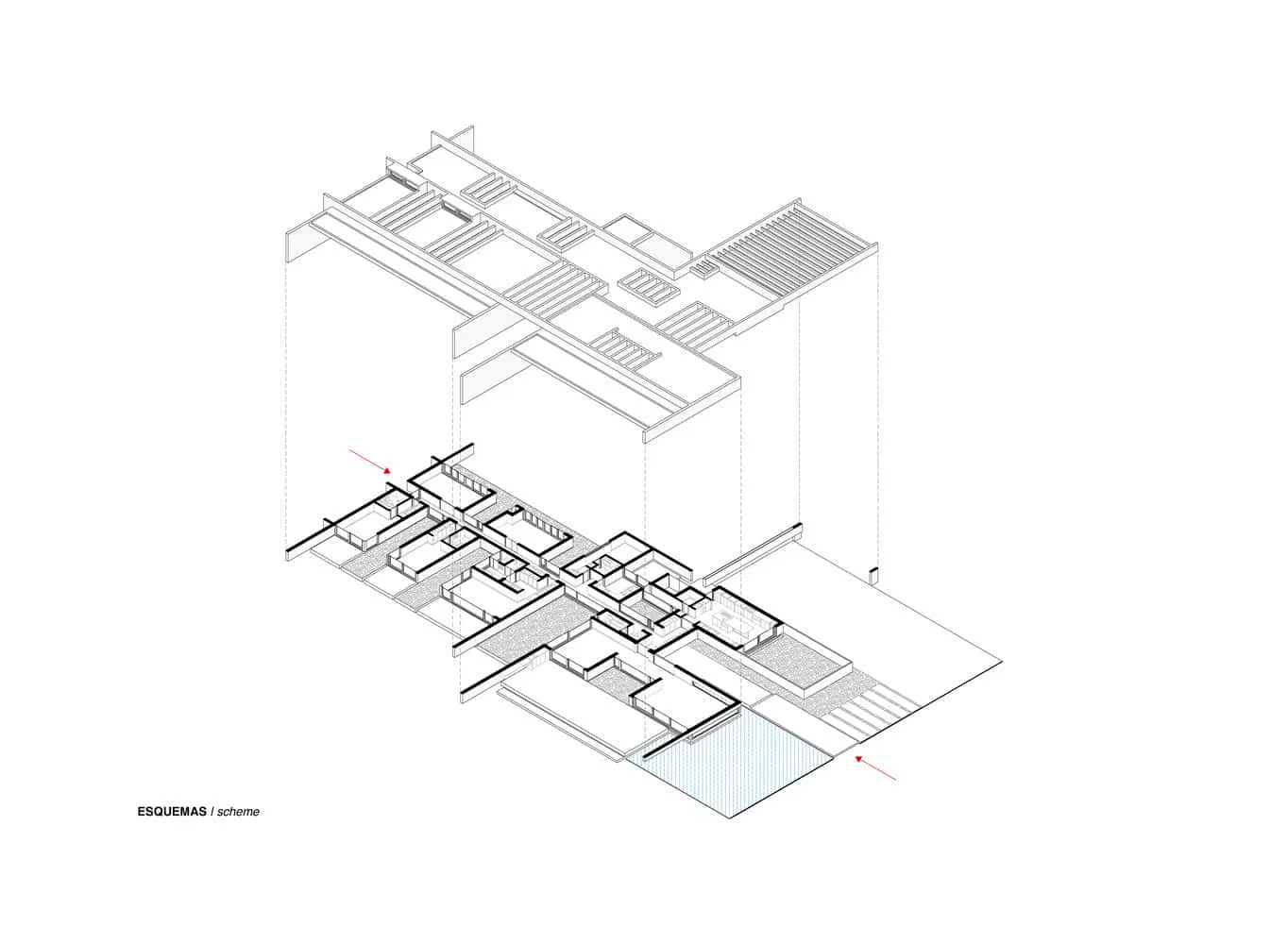 Haus La Primavera – Axonometrisches Schema von Nicolas Vicente Haus La Primavera – Axonometrisches Schema der Struktur und des Grundrisses, Chile