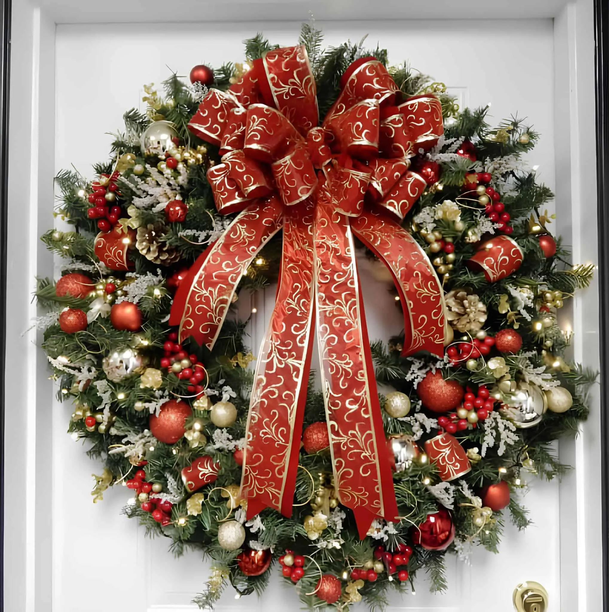 Rote und goldene Kränzchen-Weihnachtskranz Eleganter Weihnachtskranz in Rot und Gold mit einem großen Band und Verzierungen