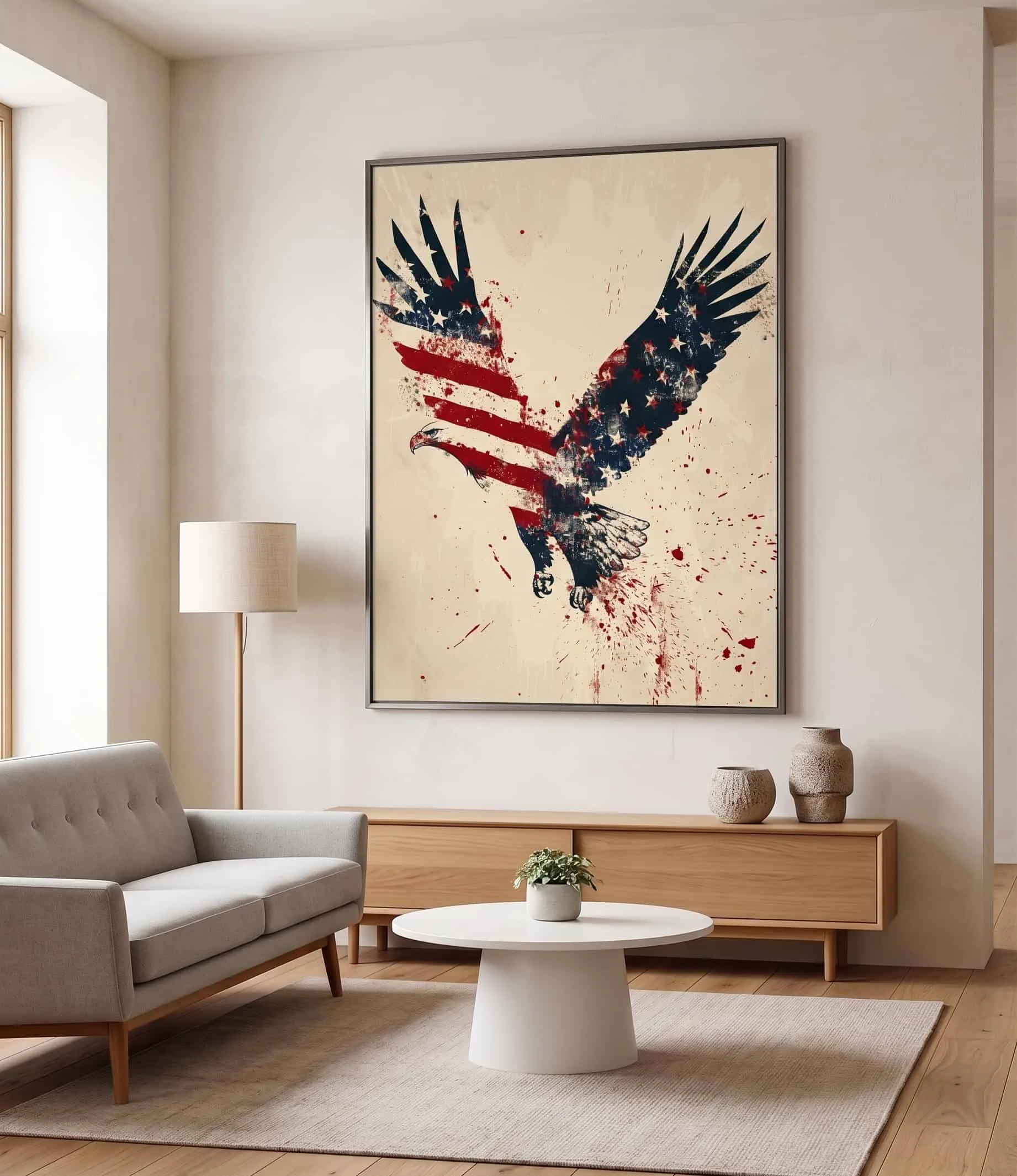American Bald Eagle Vintage Distressed Flag Wall Art Print American bald eagle vintage distressed flag wall art print in a modern neutral living room