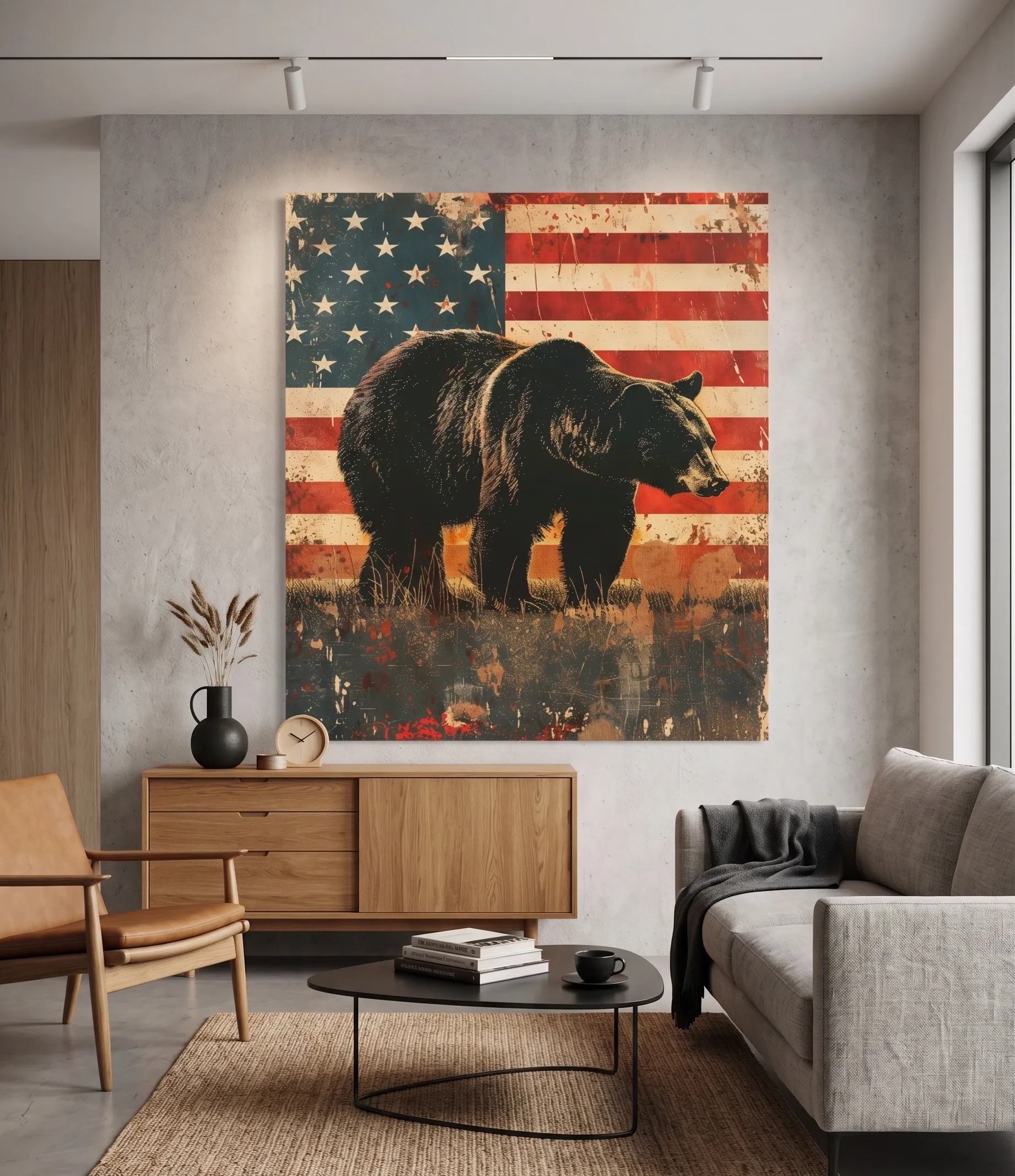 Rustikales Wandbild mit Grizzlybär und amerikanischer Flagge Rustikales Wandbild mit Grizzlybär, das eine abgenutzte amerikanische Flagge in einem modernen, neutralen Wohnzimmer zeigt