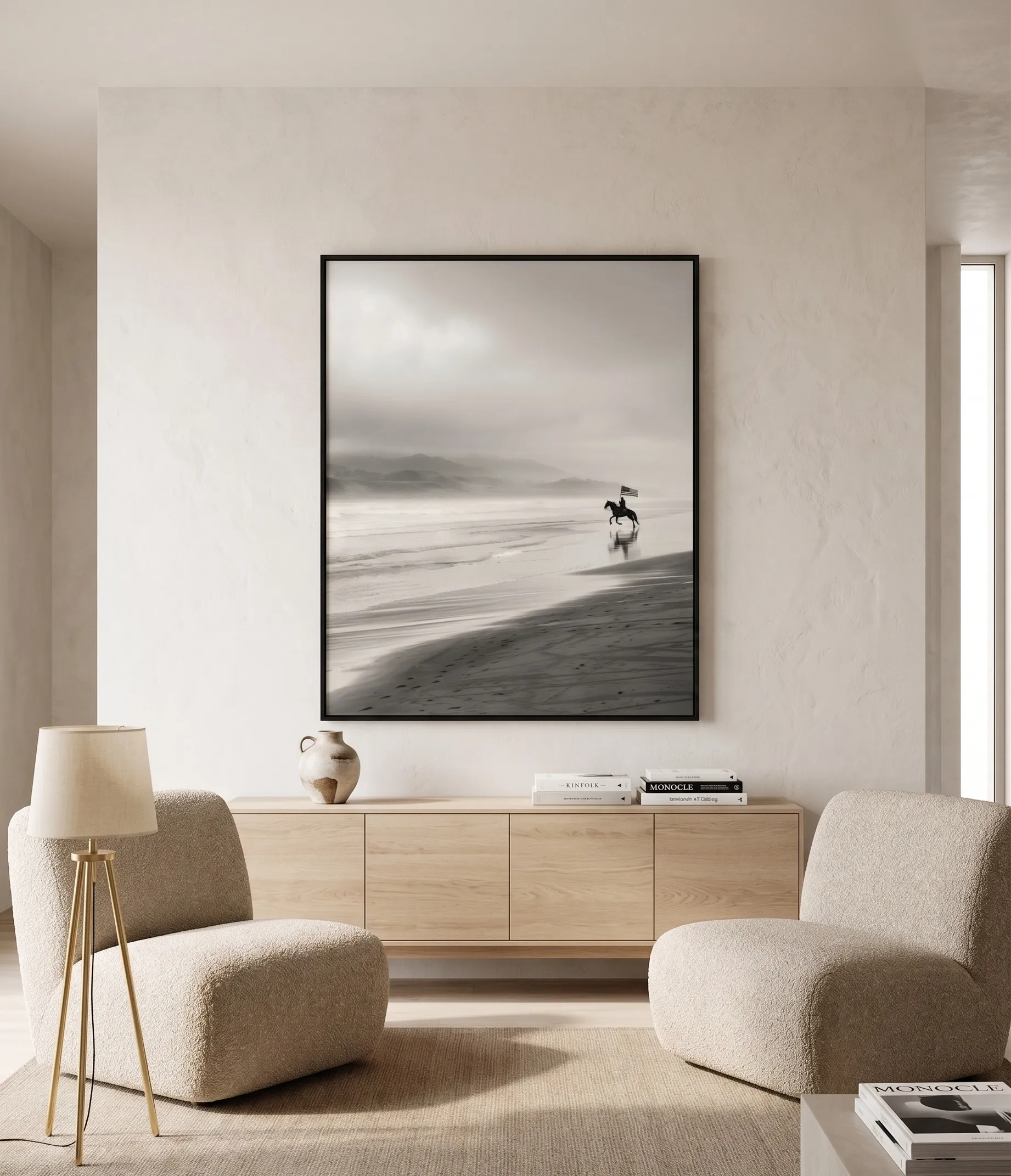 Monochromes Bild eines Pferderitters am Strand als Wandkunst Monochromes Wandbild eines Pferderitters am Strand mit einem einsamen Reiter an einer nebligen Küste in einem minimalistischen, modernen Innenraum