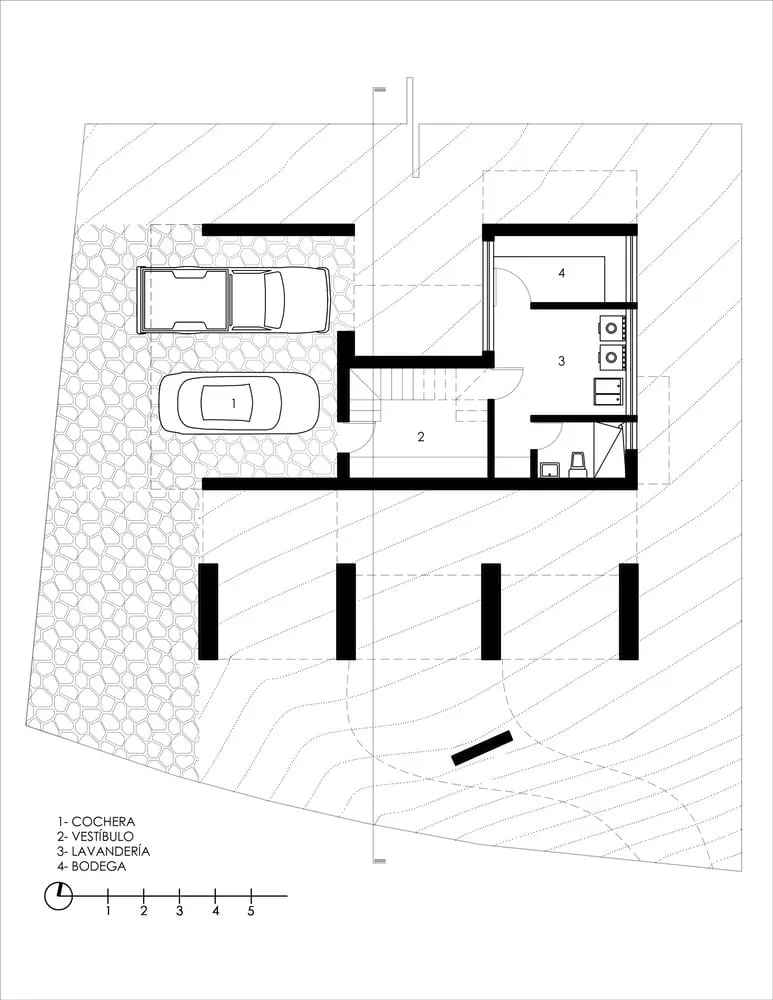 मेक्सिको के चियापास में स्थित The Sierra House का तहखाने का फ्लोर प्लान, Valdez Arquitectos द्वारा बनाया गया, जिसमें गैराज, वेस्टिब्यूल, लॉन्ड्री एवं स्टोरेज क्षेत्र दर्शाए गए हैं