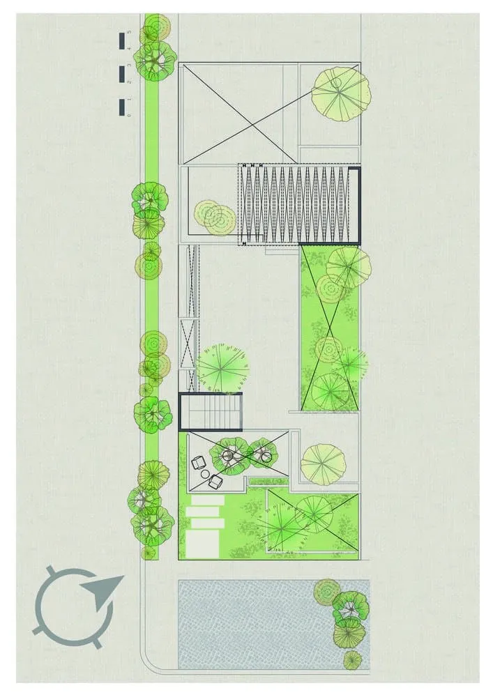 Di Frenna Arquitectos设计的Atelier屋顶平面图 充满生机的户外景观设计,拥有茂密的绿植、树木以及带有步道和户外家具的现代花园布局,非常适合提升花园的美感与户外生活空间品质。