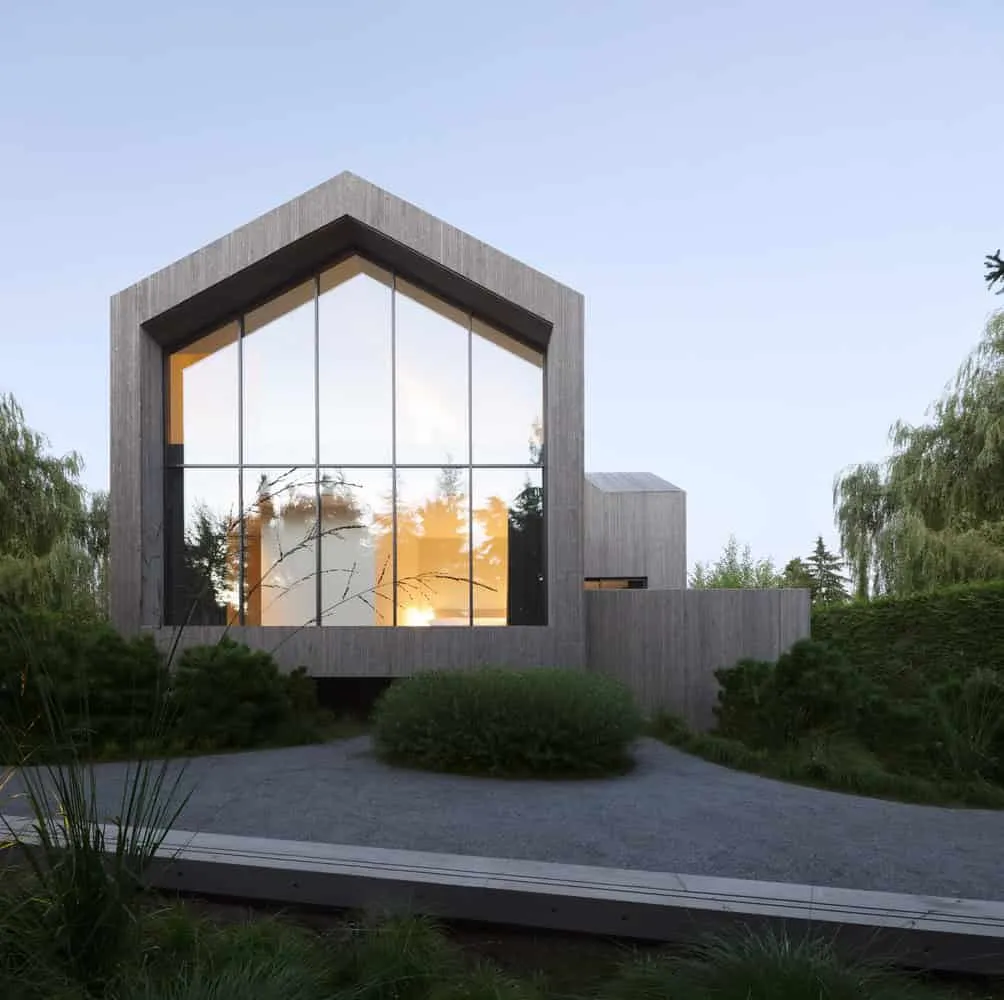 Re-folded House Front Gable Full Height Dusk by McLeod Bovell Modern Houses Re-folded House by McLeod Bovell Modern Houses, front gable full-height glazing at dusk, Vancouver