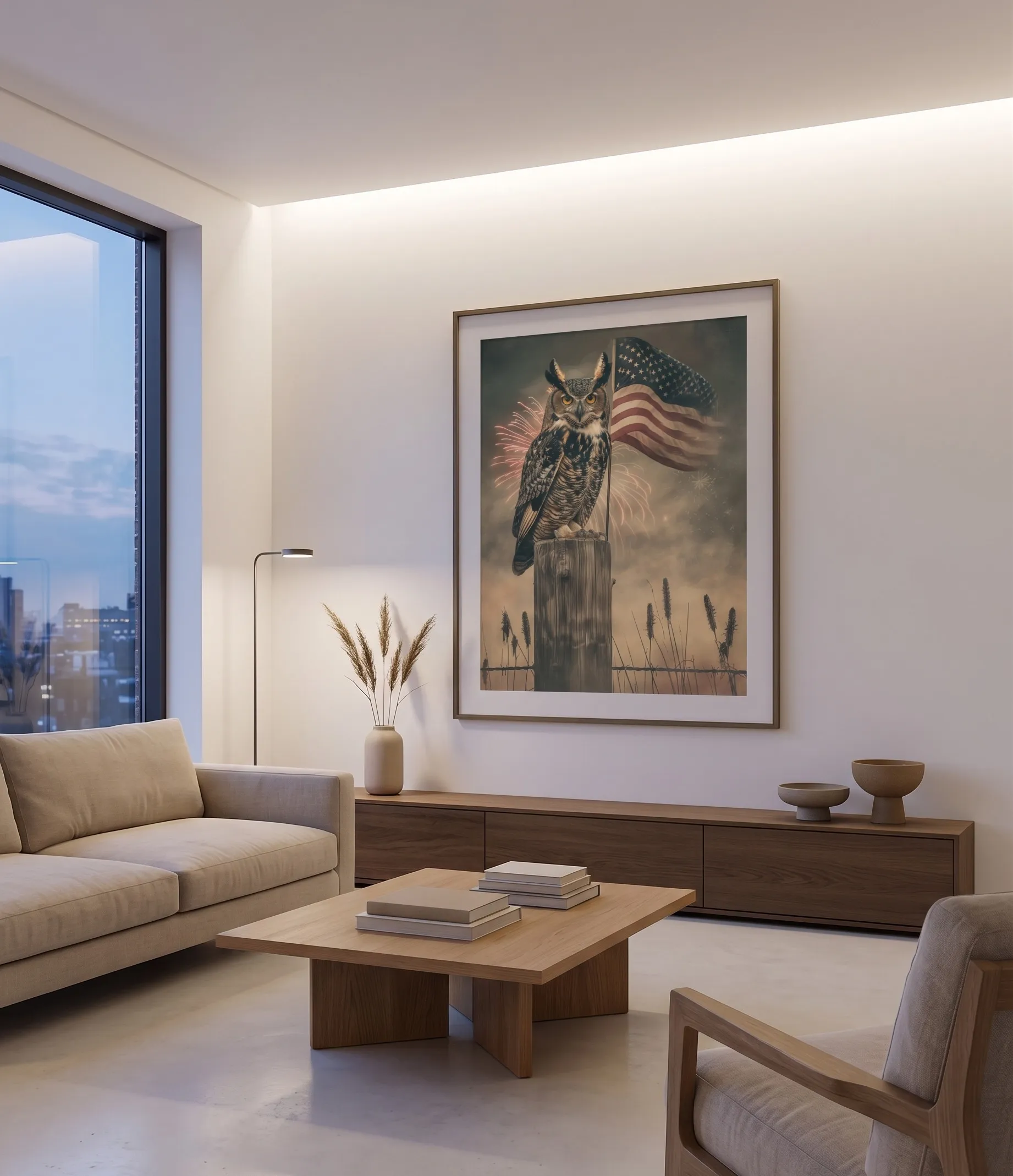Vintage Patriotische Eulen-Wandkunstdruck mit amerikanischer Flagge Vintage-patriotischer Eulen-Wandkunstdruck mit einer Eule, amerikanischer Flagge, Feuerwerk sowie rustikalen neutralen Farbtönen in einem modernen Wohnzimmer
