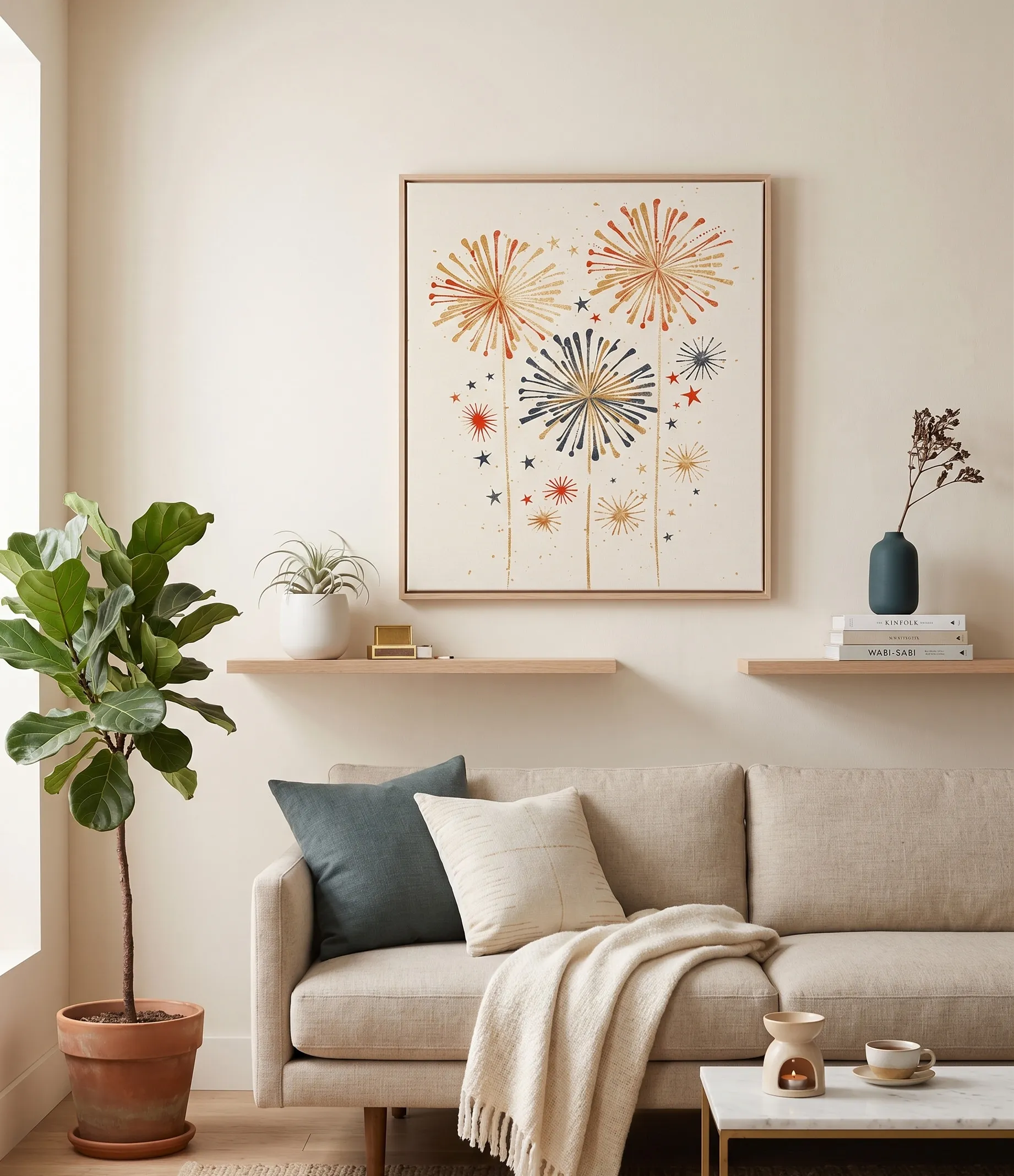Abstrakte Feuerwerkswandkunst für moderne, neutrale Innenräume im Stil der Mitte des 20. Jahrhunderts Abstrakte Feuerwerkswandkunst mit goldenen, terrakottafarbenen und dunkelblauen Sternmuster-Elementen in einem neutral gestalteten Wohnraum im Stil der Mitte des 20. Jahrhunderts