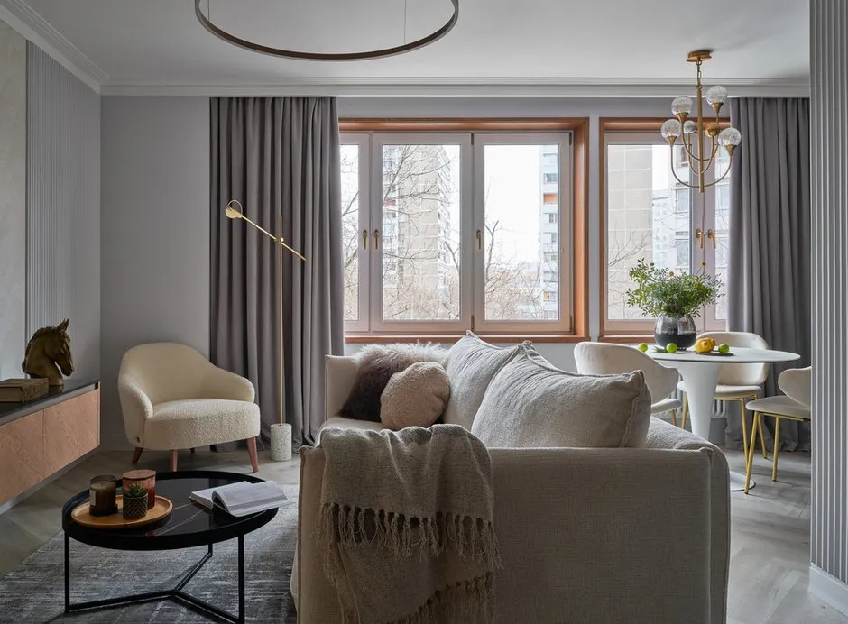 Foto: Wohnzimmer im skandinavischen Stil, Minimalismus, Modernes Design, Wohnung, Projekt des Tages, Moskau, 2 Zimmer, 60–90 Quadratmeter, Olga Mizrah, Lefortovo – Foto auf INMYROOM