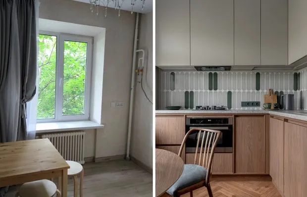 Przed i po: jak przekształcono kuchnię o powierzchni 5,6 m² w mieszkaniach typu chruściewka o powierzchni 34 m²