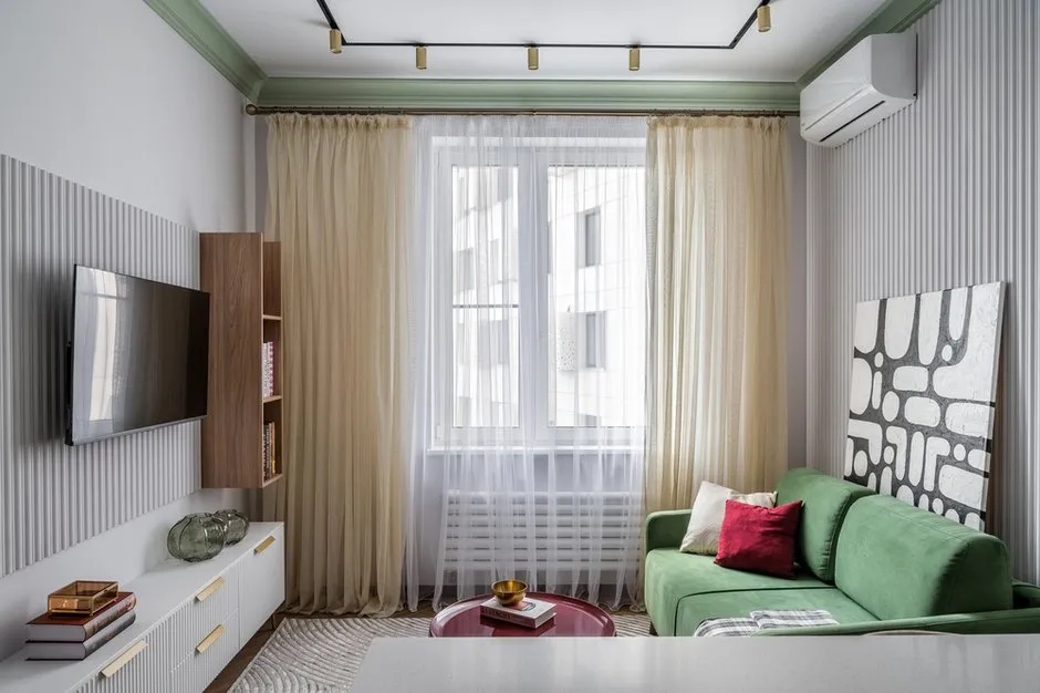 Foto: Wohnzimmer im Stil Modern, Minimalismus, Wohnung, Projekt des Tages, Moskau, 1 Zimmer, bis zu 40 Quadratmeter, Anastasia Volodina – Foto auf INMYROOM