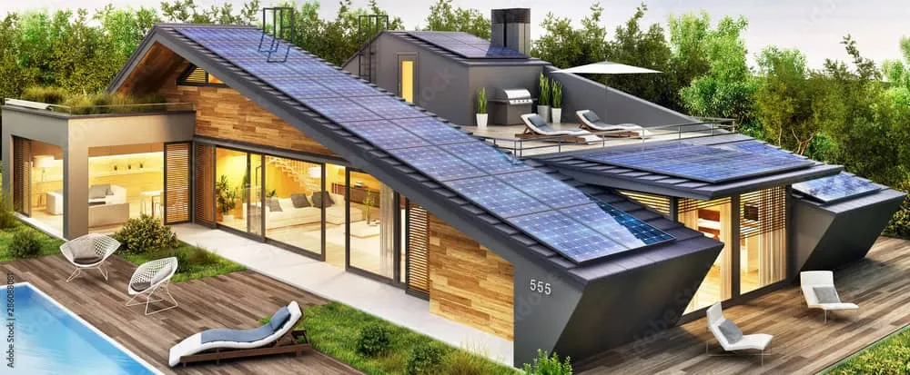 Solar Roofing – Energy-Generating Innovation Modern home with integrated solar roof tiles—sleek photovoltaic roofing for sustainable energy efficiency