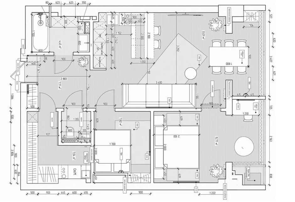 Raumplan. Das Innendesign zeigt eine effiziente Raumnutzung mit klarer Gliederung in funktionale Bereiche.
