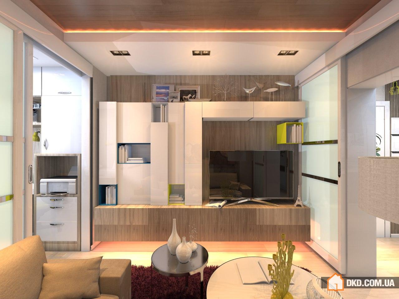Проект бюджетной переделки квартиры, гостиная+кухня+СУ 45 кв.м.