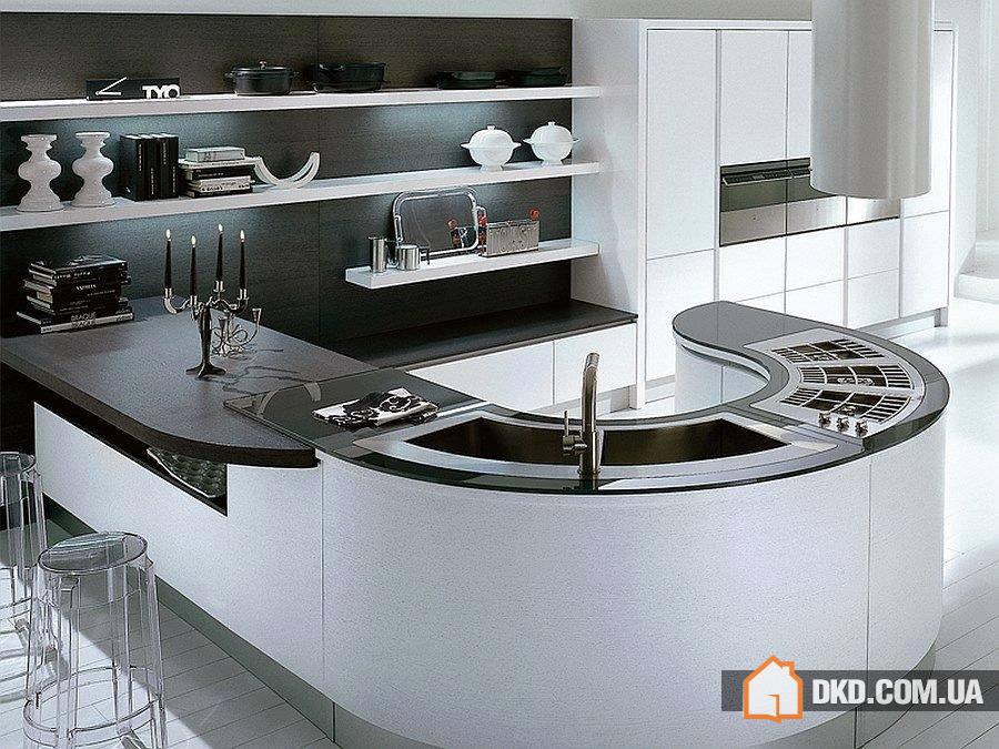Эффектный изогнутый черно-белый дизайн кухни