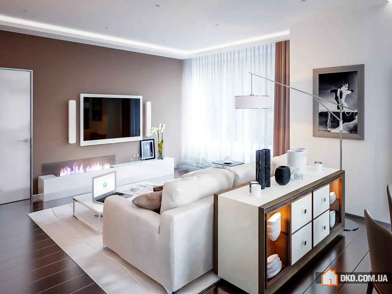 Sala de estar elegante con chimenea ecológica en estilo contemporáneo de la Studio de Vivienda de Lujo de Alexander Akimenkov - Gallery image 5